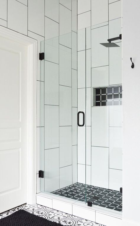 Large Subway Tile Shower White, Vertical Shower Tile, Large Shower Tile, White Shower Tile, Tile Walk In Shower, Modern Bathroom Renovations, Subway Tile Showers, Subway Tiles Bathroom, Shower Wall Tile