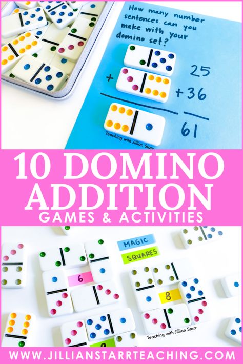 10 Domino Addition math center games and activities to add to your math centers. Dominoes are a highly underrated math manipulative. This post has tons of ideas for first grade, second grade, and third grade domino addition. There are lots of great ways to differentiate addition stations using dominoes. Domino Maths Activities, Math Activities For Second Grade, Addition And Subtraction Games 3rd Grade, Math Stations 2nd, Second Grade Math Activities, Addition Stations, Math Centers Second Grade, Math Projects Elementary, Addition Activities For First Grade