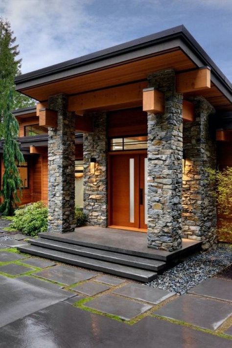 Modern Entrance Door, Exterior House Remodel, Prairie Style Houses, Modern Entrance, Stone Pillars, Entrance Door Design, Entrance Design, Front Door Design, House Front Design