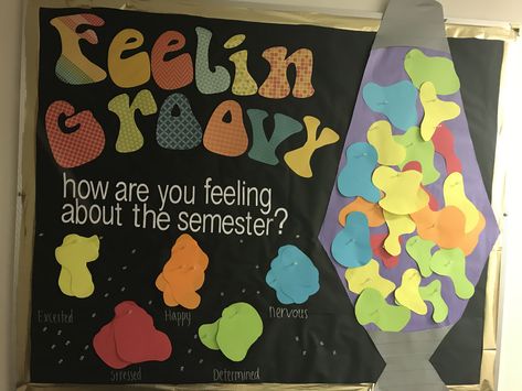 70s themed RA bulletin board Bulletin Board Ideas Back To School College, 70s Ra Bulletin Board, Ra Bulletin Board Themes, 70s Theme Bulletin Board, Ra Door Sign, Wellness Ra Board, Back To School Ra Bulletin Boards, Bulletin Board Ideas Special Education, Back To College Bulletin Boards