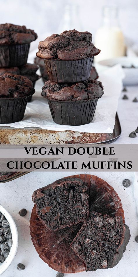 Vegan double chocolate muffins - these indulgent jumbo muffins are one for serious chocolate lovers! They are soft and fluffy with a rich chocolate flavour and plenty of chocolate chips. Easy to make and perfect for snacks and lunchboxes. Healthy Vegan Chocolate Muffins, Vegan Jumbo Muffins, Easy Vegan Muffin Recipes, Vegan Double Chocolate Muffins, Vegan Chocolate Recipe, Plant Snacks, Vegan Muffin Recipe, Vegan Chocolate Muffins, Vegan Chocolate Chip Muffins