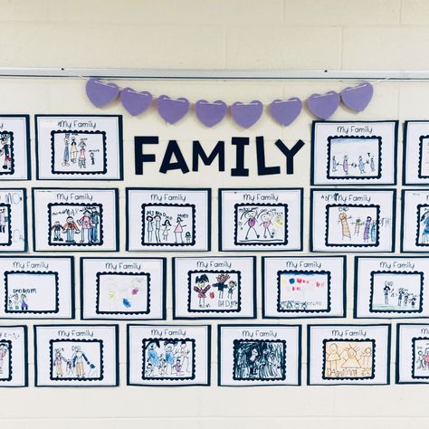 Kindergarten Family Picture Wall, My Family Pictures For Preschool, Family Photos Preschool Display, Our Families Classroom Display, My Family Portrait Preschool, Kindergarten Family Portrait Art, Preschool Quotes, All About Me Preschool Theme, Me Preschool Theme