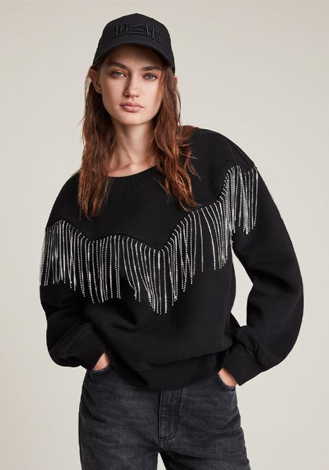 Fringe Sweatshirt, Chic Sweatshirt, Square Neck Bodysuit, Branded Sweatshirts, Summer Essentials, All Saints, Pullover Styling, Fitness Models, Leather Jacket