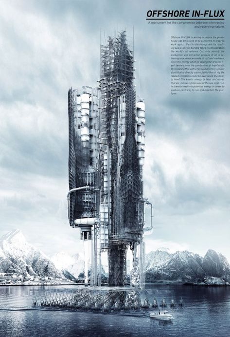 Offshore In-Flux Skyscraper Reduces Gas Emissions Of Oil Platforms - eVolo | Architecture Magazine Oil Platform Architecture, Elevated Architecture, Oil Platform, Reduce Gas, Architecture Magazine, Architectural Competition, Architecture Concept Diagram, Skyscraper Architecture, Architecture Design Sketch