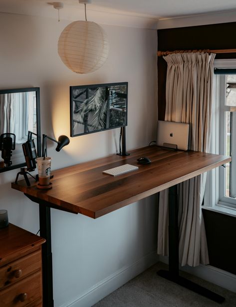 Dark Wood Home Office, Dark Wood Home, Home Office Standing Desk, Home Office Desk Setup, Office Desk Setup, Office Standing Desk, Wood Home Office, Standing Desk Office, Stand Up Desk