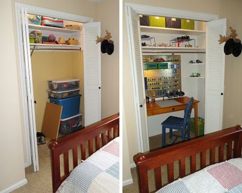 LEGO Closet Before and After - http://thebrickblogger.com/2013/08/building-a-lego-closet-a-diy-project/ Lego Closet Ideas, Lego Closet, Boys Bedroom Green, Lego Desk, Lego Hobby, Closet Units, Toy Room Organization, Beautiful Room Designs, Lego Organization