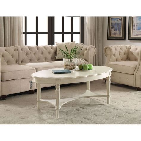 One Allium Way® Coffee Table In Antique White | Wayfair Front Living Room, Table 19, Round Table Top, Oval Coffee Tables, Solid Wood Coffee Table, Country Decorating, Acme Furniture, Interior Items, Coffee Table Wayfair