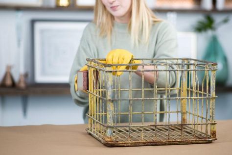 Upcycled Milk Crate Ottoman | HGTV Old Metal Milk Crates Ideas, Metal Milk Crate Ideas, Crate Ottoman, Metal Milk Crates, Write Poems, Diy Ottoman, Milk Crate, Blanket Basket, Milk Crates