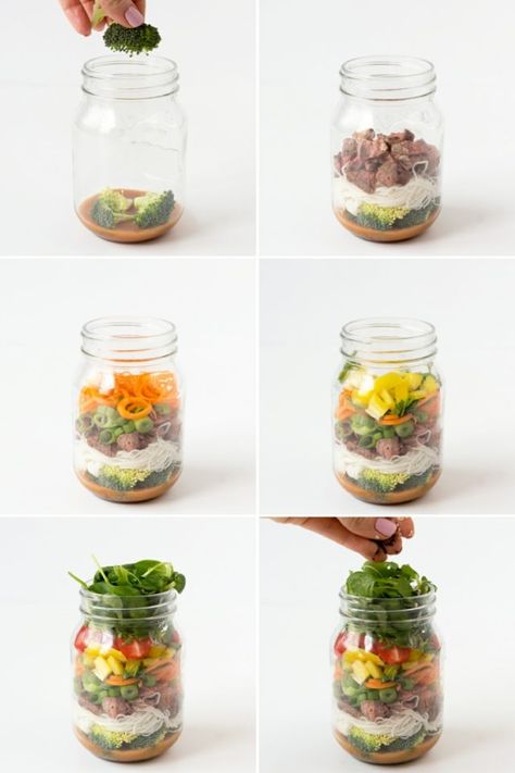 recette-salade-composée-bocal-idées-collation-équilibrée Spicy Lunch, Thai Steak Salad, Juice Recipes For Kids, Mason Jar Recipe, Thai Beef Salad, Jar Salad, Thai Salad, Thai Beef, Thai Salads