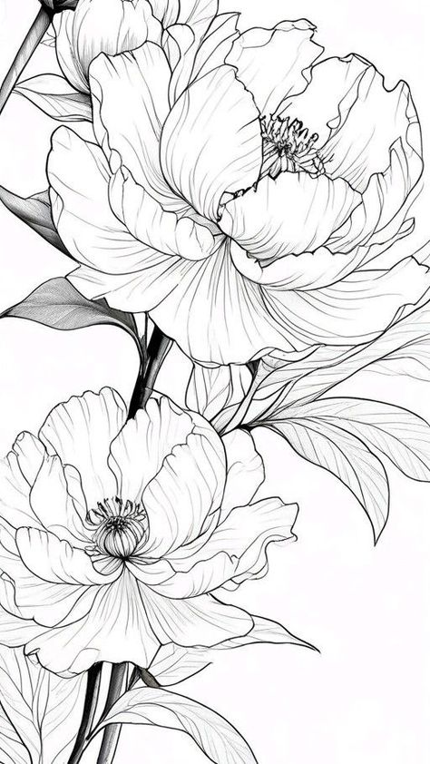 Peony And Anemone Tattoo, Peony Outline Drawing, Peony Bud Drawing, Flower Line Drawing Botanical Illustration, Peony Drawing Tutorial, Big Flower Drawing, Fineliner Flowers, Magnolia Flower Drawing, Peony Flower Drawing