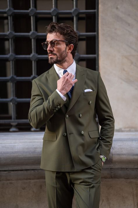 Craft a look of distinction with the Khaki Double Breasted Suit 2-Piece. The suit’s elegant khaki color and tailored fit offer a sophisticated alternative to traditional suiting, ensuring you stand out with style.  #khakisuit #doublebreastedsuit #modernformalwear #uniqueelegance #gentlemensfashion #tailoredfit #businessstyle #suitandstyle #fashionforward #classicwithatwist Wedding Suit Double Breasted, Green Double Breasted Suit Men, Men Suits Style Wedding Classy, Men Suits Style Wedding, Tiny Dorm Room, Double Breasted Blazer Men, Green Suit Men, Double Breasted Suit Men, Mens Fits