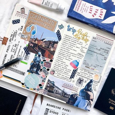 16 Bullet Journal Travel Page Ideas To Inspire Some Serious Wanderlust - TheFab20s Journal Travel Page, Travel Bullet Journal, Best Travel Journals, Travel Journal Pages, Unique Scrapbooks, Bullet Journal Spreads, Travel Journal Scrapbook, Scrapbook Quotes, Journaling Inspiration