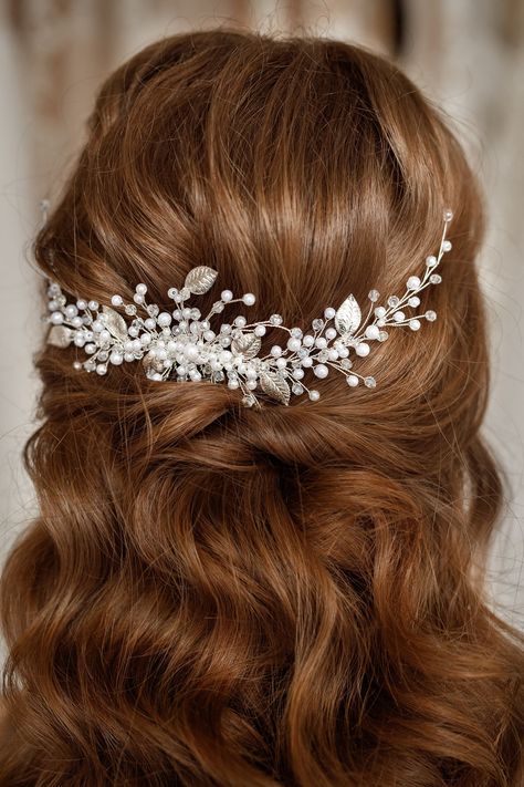 Wedding hair comb, pearl bridal headband. A graceful wedding hair comb is the perfect accessory for a long and lush hairstyle. This handmade hair accessory is a delicate work, which combined with luxury and wealth. Silver leaves are organically combined with large pearls. Who should use such a wedding hair comb? Such a bridal headband is optimal for brides, who prefer classic dresses. It matches well dresses of cream, beige, or lilac shades. This bridal hair comb looks beautiful on dark or blond Lilac Shades, Curled Hairstyles For Medium Hair, Pearl Hair Comb Wedding, Bridal Hair Combs Pearl, Bridesmaid Hair Pins, Random Products, Easy Hairstyles For Thick Hair, Pearl Bridal Headband, Classic Dresses