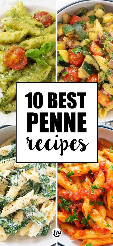 Close-up of four different penne pasta recipes. Meatless Pasta Recipes, Recipes For Pasta, Penne Recipes, Pasta Lunch, Penne Pasta Recipes, Quick Family Dinners, Baked Penne, Pasta Side Dishes, Vegetarian Pasta Recipes