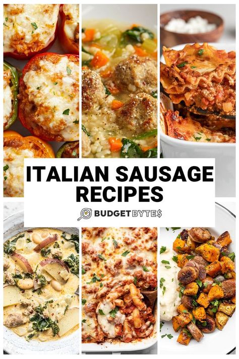 collage of six of budget bytes best italian sausage recipes with blog post title block in the middle. Hot Italian Sausage Recipes, Recipes Budget, Pork Sausage Recipes, Sausage Crockpot, Italian Sausages, Easy Baked Ziti, Wellness Magazine, Cabbage And Sausage, Italian Sausage Soup