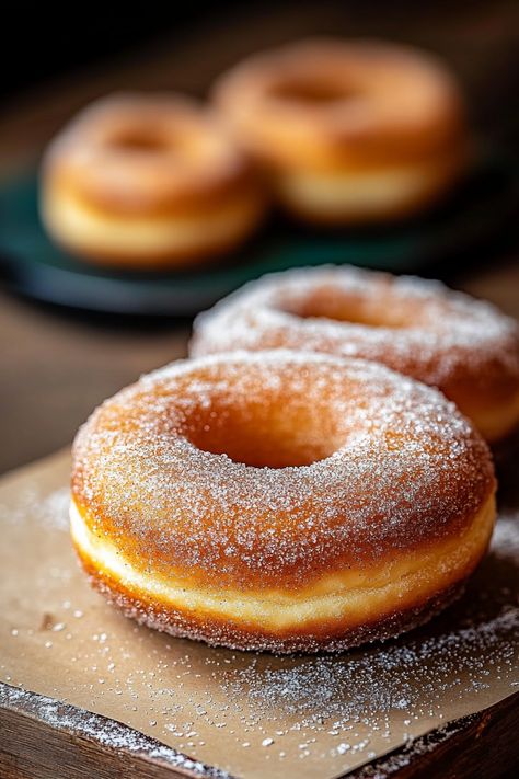 Cinnamon Sugar Brioche Donuts Brioche Recipe Ideas, Powder Donuts Recipe, Recipes With All Purpose Flour, Donut Photography Styling, Soft Doughnut Recipe, Savory Buns, Sugar Doughnut Recipe, Glazed Donut Recipe, Donuts Photography