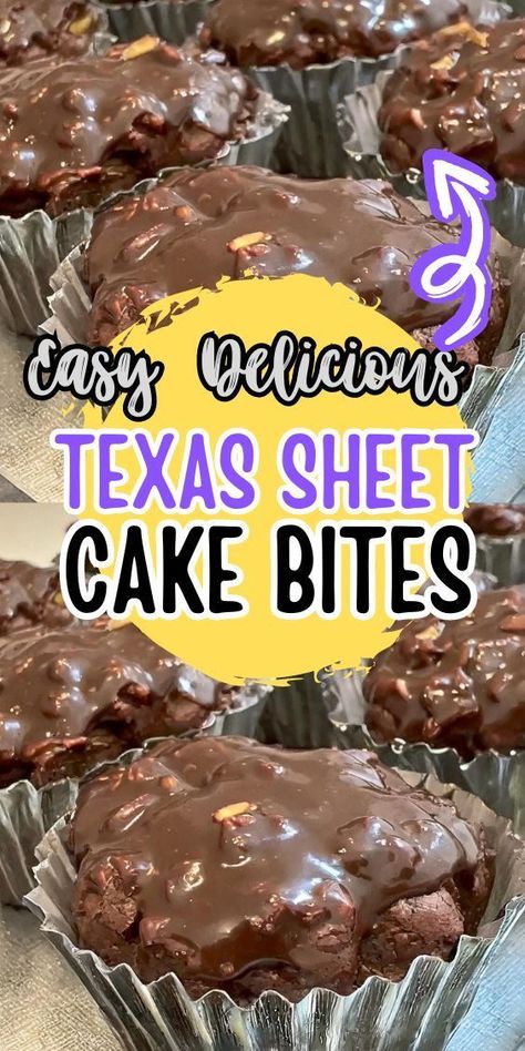 Oh, let me tell you about this delightful treat called Texas Sheet Cake Bites! These bite-sized morsels are a twist on the classic Texas Sheet Cake, a beloved dessert in the Lone Star State. Picture a rich and moist chocolate cake, but in bite-sized form. Imagine sinking your teeth into a fudgy cake enhanced with hints of cocoa and a touch of cinnamon.The best part? Texas Sheet Cake Bites, Sheet Cake Bites, Mounds Bars Recipe, Fudgy Cake, Texas Sheet, Texas Sheet Cake, Bite Size Desserts, Cake Bites, Mini Muffin Pan