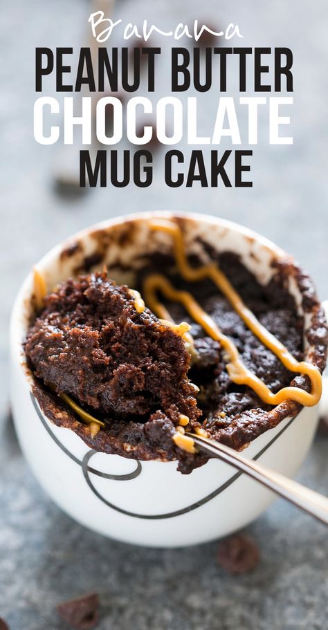 Banana Chocolate Peanut Butter Mug Cake | Microwave Mug Cake Recipe | Eggless Mug Cake | Molten Gooey Egg Free Chocolate Mug Cake | Can be Vegan Banana Chocolate Peanut Butter, Chocolate Peanut Butter Mug Cake, Peanut Butter Mug Cake, Banana Mug Cake, Easy Mug Cake, Peanut Butter Mug Cakes, Mug Cake Recipe, Chocolate Mug Cake, Mug Cake Microwave