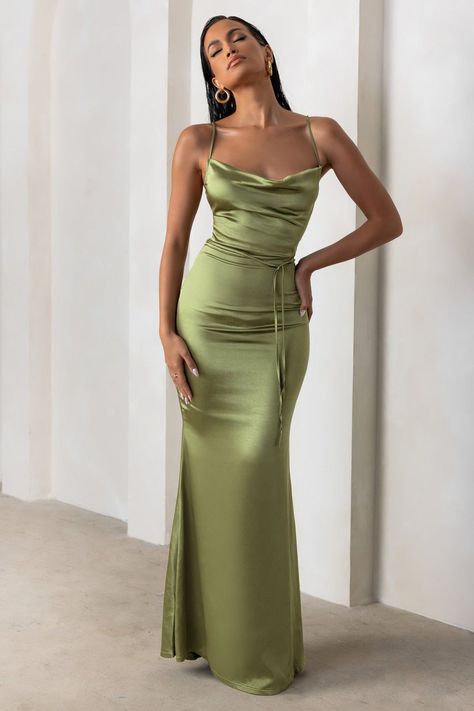 Elegant Prom Dress, Cowl Neck Maxi Dress, Prom Dress Trends, Club L London, Elegant Prom, Olive Green Dresses, Elegant Prom Dresses, Black Tie Gala, Party Dress Long Sleeve