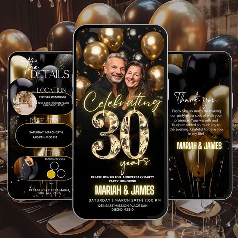 30th Anniversary Invitation, Party Itinerary, Black Gold Template, Wedding Golden Anniversary, We Still Do, Surprise Vow Renewal Evite - Etsy Surprise Vow Renewal, Lavish Party, Gold Template, Phone Text Message, Party Itinerary, Intimate Gathering, Anniversary Invitation, Animated Invitations, Invitation Party