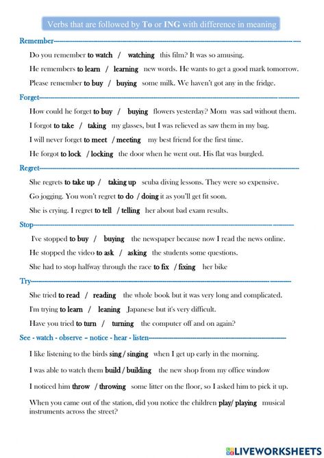 Verb Infinitive And Gerund, Gerunds Worksheet, Gerund Exercises, Free English Courses, English Grammar Tenses, Vocabulary Exercises, English Collocations, Learn English Speaking, English Teaching Resources