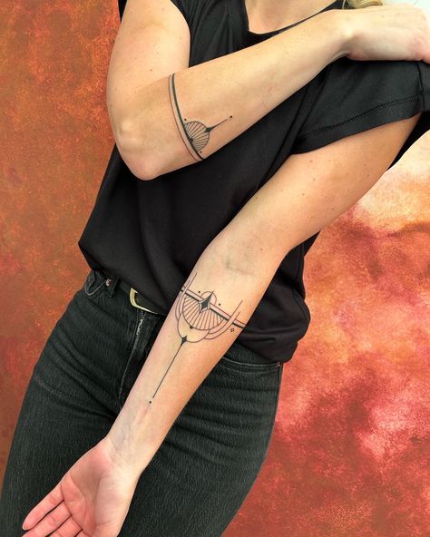 First tattoo for H 🎁 Thank you so much for the blank canvas :) #artdecotattoo #egyptianartdeco #symmetricaltattoo #ornamentalfineline #bracelettattoo Symmetrical Arm Tattoo Women, Art Deco Wrist Tattoo, Upper Arm Cuff Tattoo For Women, Solid Line Tattoo, Arm Line Tattoo, Minimalist Forearm Tattoo, Color Arm Tattoo, Feminine Sleeve Tattoo, Ornamental Wrist Tattoo