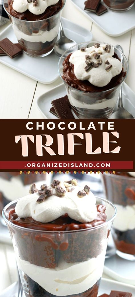 Chocolate Trifle Cups, Chocolate Mousse Trifle Desserts, Chocolate Brownie Trifle Recipe, Chocolate Brownie Trifle Desserts, Individual Trifle Desserts Cups, Mini Chocolate Trifle Cups, Individual Trifles, Chocolate Trifles, Chocolate Dessert Cups