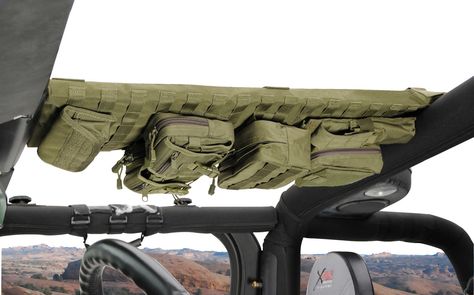 NEW! from Smittybilt, the G.E.A.R. Overhead Consoles feature 6 individual storage pouches with each pouch having additional storage inside. Made from the same G.E.A.R. Seat Cover material, the Overhead Consoles are manufactured from 600 Denier Polyester with a PVC liner. Camping Jeep, Jeep Gear, Jeep Interiors, Jeep Camping, Jeep Mods, Jeep Wrangler Accessories, Bug Out Vehicle, Wrangler Accessories, Cool Jeeps