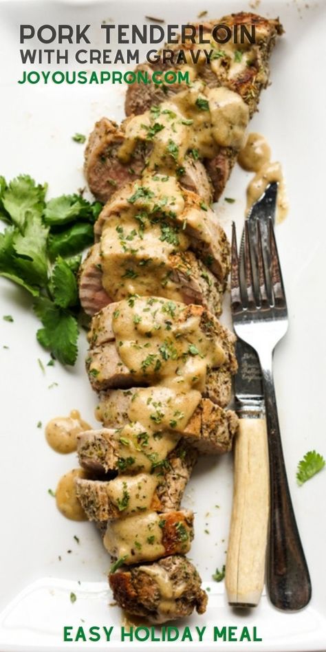 Pork Tenderloin with Cream Gravy - yummy and easy meat main dish recipe for your Christmas holiday dinner. Serve this pork dish with homemade cream gravy. #pork #meat #gravy #tenderloin #holidaydinner #Christmas #dinner #recipe #joyousapron Joyous Apron, Baked Pork Tenderloin, Roasted Pork Tenderloin, Pork Meals, Cream Gravy, Roasted Pork Tenderloins, Meat Dish, Roasted Pork, Tenderloin Recipes