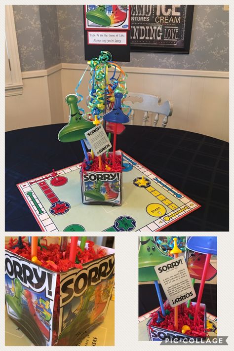 SORRY game board theme party centerpiece Game Themed Table Decor, Relay For Life Board Game Theme, Game Party Centerpieces, Board Game Center Piece, Centerpieces For Game Night, Game Night Theme Party Decorations, Game Themed Centerpieces, Trivia Party Decorations, Board Game Table Decorations