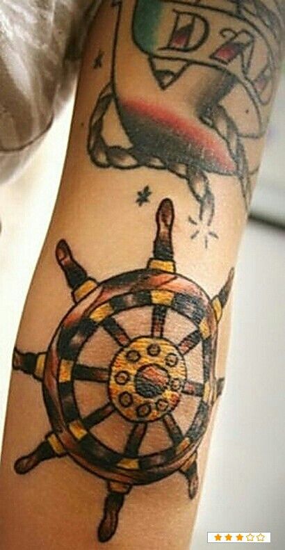 Ship wheel Helm Tattoo, Ship Wheel Tattoo, Ship Steering Wheel, Wheel Tattoo, Sailor Tattoos, Sailor Jerry Tattoos, Nautical Tattoo, Elbow Tattoos, Hawaiian Tattoo