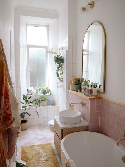 Kate Spiers, Pastel Bathroom, Pink Tile, Wet Room Shower, Bad Inspiration, Complete Bathrooms, Pink Bathroom, Cottage House, Bathroom Inspo