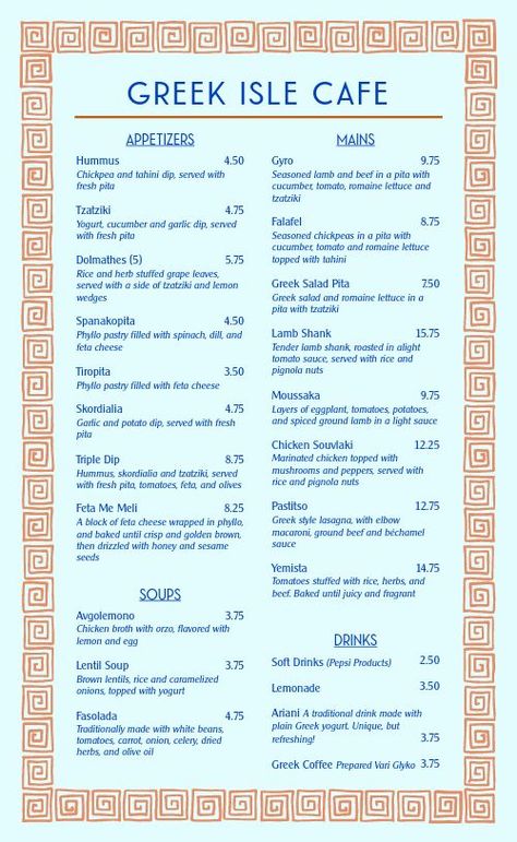 Classic Greek Menu Greek Menu Ideas, Greek Menu Design, Italian Food Menu Design, Italian Food Menu, Tacos Menu, Greek Party, Greek Menu, Sandwich Menu, Bistro Menu