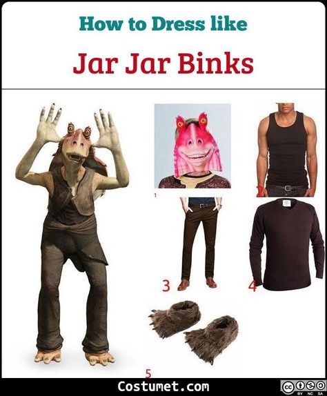 Jarjar's costume consists of an alien mask, a dark tank top and matching pants, with a cloth wrapped on his waist.           #StarWars #male #movies #funny #creepy #alien #StarWars Jar Jar Binks Costume, Creepy Alien, Star Wars Costumes Diy, Diy Costumes Men, Alien Mask, Star Wars Halloween Costumes, Jar Jar Binks, Dark Sweater, Star Wars Halloween