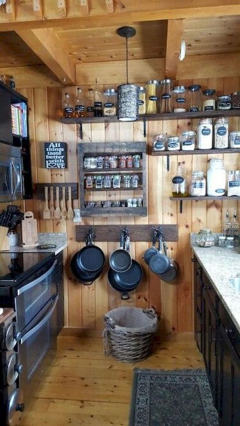 Stylish 30+ Wonderful Kitchen Cabinets Ideas For Your Tiny House Rustic Cabin Kitchen, Design Casa Piccola, Diy Cabin, Tiny House Storage, Diy Tiny House, Rustic Kitchen Cabinets, Log Cabin Decor, Rustic Kitchen Design, Tiny House Kitchen