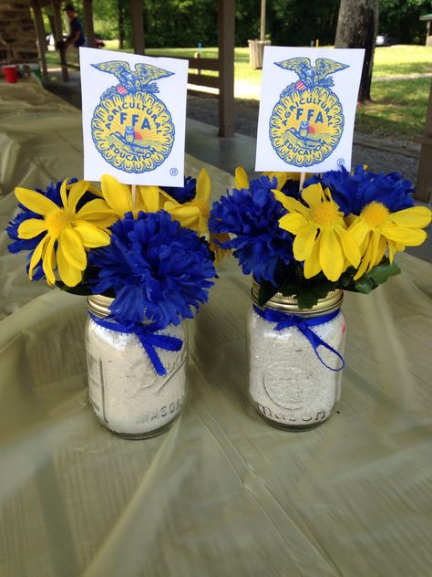 Made these for my FFA banquet and everyone loved them! I made them for under $5! Ffa Dance Themes, 4h Decorations, Country Banquet Decorations, Ffa Banquet Table Decorations, Ffa Centerpieces Banquet Ideas, Ffa Banquet Ideas Decorations, Ffa Banquet Centerpieces, Ffa Decorations Banquet, Ffa Decorations