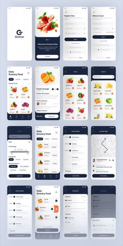 Gronur is a Grocery Shop Mobile App UI Kit with 45 high-quality screens and is easy to use with a clean, neat, and modern design. Available Light theme in Figma. This UI Kit is easy to use and free to customize for your needs in any kind of related project. Course line supports you with pixel-perfect design, organized layers, and consistent design with dynamic components. การออกแบบ Ui Ux, App Design Trends, Desain Ux, Application Ui Design, App Design Ideas, Ux Design Portfolio, Ui App Design, Ux Design Mobile, Shop Mobile