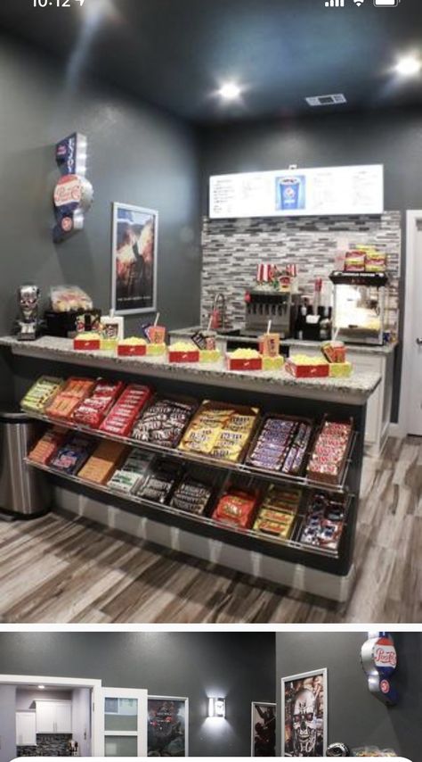 Home Movie Theater Room Snack Bar, Movie Theatre Snack Bar, In House Movie Theater, Candy Bar Ideas For Home, Theater Room Snack Bar, Basement Snack Bar Ideas, Home Movie Theater Snack Bar, Movie Room Snack Bar Ideas, Snack Bar Ideas Home