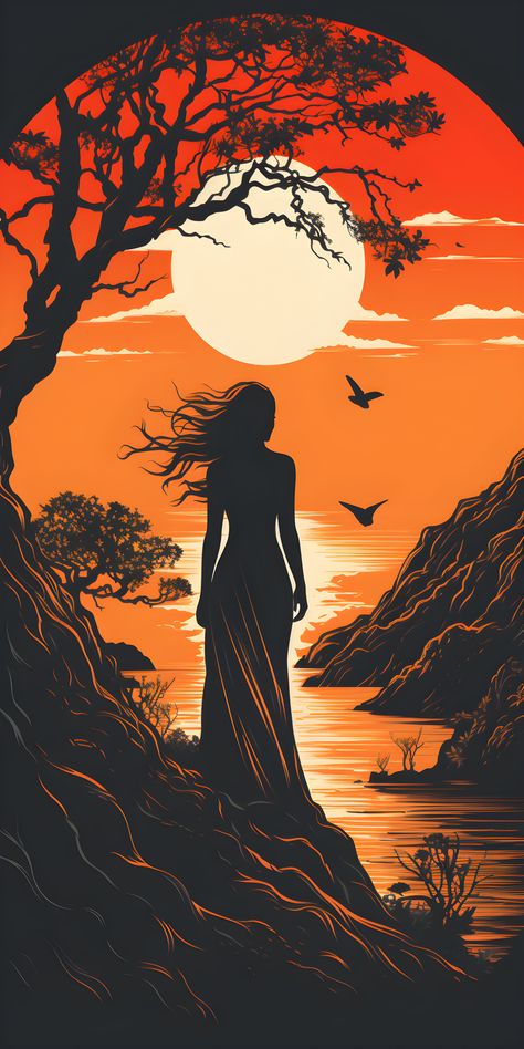 In this single artwork, immerse yourself in a minimalist two-tone interpretation of the beauty of nature, complete with flat shading and no depth. As the sun dips below the horizon, the sky ignites in vibrant colors. A woman gazes toward the heavens, lost in contemplation. This piece captures the essence of a colorful sunset and the tranquility of nature's beauty, inviting you to share in a moment of quiet reflection beneath a radiant sky. Flat Shading, Single Artwork, Sunset Artwork, Colorful Sunset, Silhouette Painting, Beautiful Art Paintings, Cover Art Design, Art Painting Gallery, Art Gallery Wallpaper