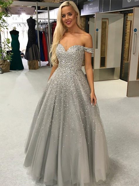 Check out this great offer I got! #shopping Shiny Ball Gown, Tulle Prom Dresses, Grey Prom Dress, Formal Prom Dresses Long, Tulle Evening Dress, Beaded Tulle, Beaded Prom Dress, Tulle Prom Dress, Formal Dresses Prom