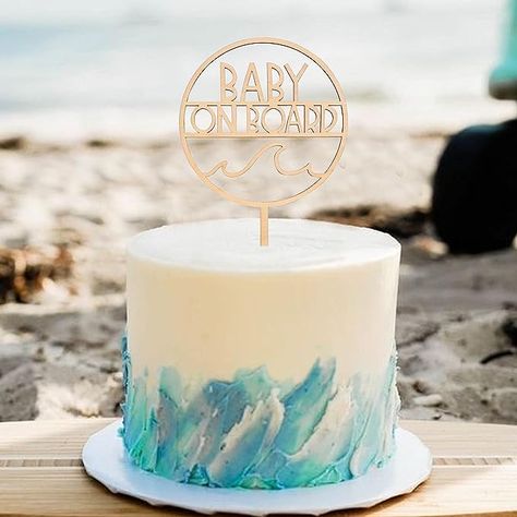 Ocean Baby Shower Cake, Baby On Board Cake, Baby Shower Ocean Theme, Ocean Baby Shower Theme, Surf Cake, Beach Themed Cakes, Ocean Baby Showers, Beach Baby Showers, First Birthday Cake Topper