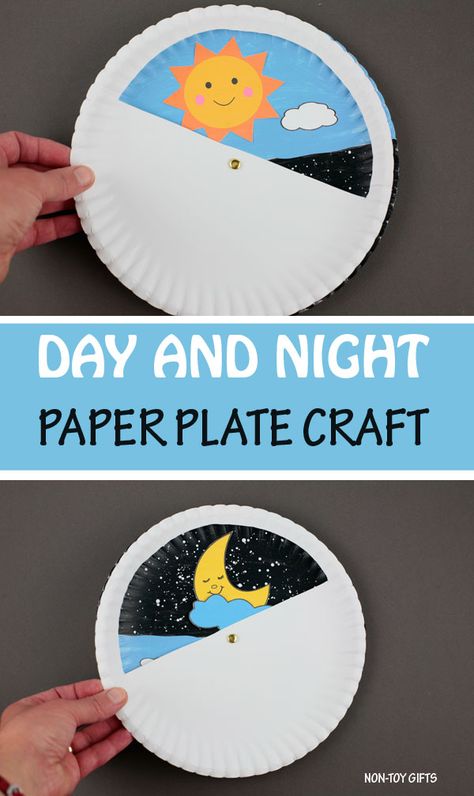 Day and night craft for preschoolers and older kids. Made as a paper plate spinning wheel, this educational craft can be paired with a Sun, Earth and Moon unit lesson. Talk about daytime and nighttime, stars and planets with kids. Interactive craft that can be paired with books #dayandnight #nightcraftkids #daycraftkids Day And Night Craft, Plate Crafts For Kids, Moon Printable, Sun Crafts, Earth Craft, Paper Plate Crafts For Kids, Moon Crafts, Non Toy Gifts, Stars Craft