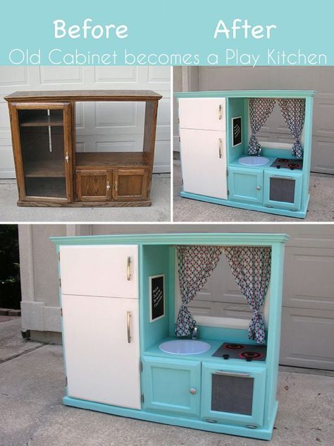 Tv Cabinet Kids Kitchen, Tv Stand Turned Into Play Kitchen, Tv Stand Into Play Kitchen, Diy Play Kitchen From Tv Stand, Diy Play Laundry Set, Diy Old Tv Cabinet Ideas, Tv Stand To Play Kitchen, Diy Kid Kitchen, Kitchen Station