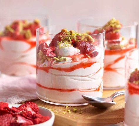 Strawberry Mousse Recipe, Light Summer Desserts, Strawberry Compote, Ginger Biscuits, Strawberry Mousse, Fruit Compote, Ginger Nut, Bbc Good Food, Freeze Dried Strawberries