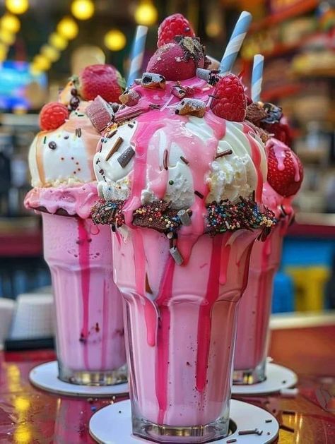 Tasty and Easy recipes | 🍓🥤 Pink Freakshakes: Extreme Milk Shakes 🍭🍬 | Facebook Milk Shake Ideas, Fake Milkshake, Sausages Recipe, Crazy Shakes, Pink Treats, Fake Bakes, Pink Food Coloring, Strawberry Syrup, Wafer Cookies