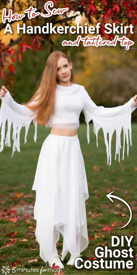 See how to make a handkerchief skirt and tattered long sleeve top to create an elegant yet eerie homemade ghost costume. #diycostume #sewing #handkerchiefskirt #ghostcostume #diyghostcostume #ghost Ghost Costume Women, Diy Bat Costume, Basic Shirts Pattern, Circle Skirt Calculator, Cat Costume Kids, Cute Cat Costumes, Ghost Dresses, Ghost Halloween Costume, Ghost Diy