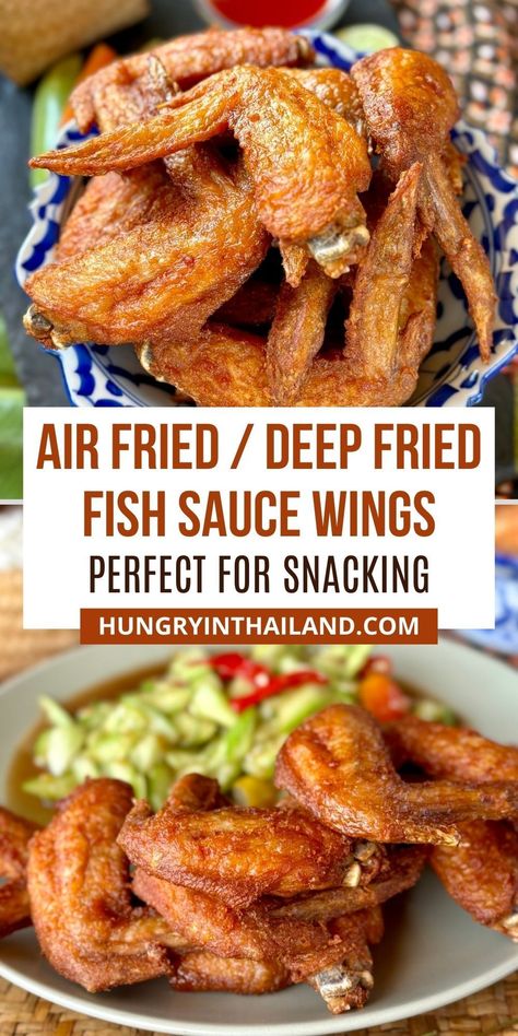 Learn how to make the best crispy Thai fish sauce chicken wings! This easy recipe lets you choose between air frying for a healthier option or deep frying for extra crunch. Perfect as an appetizer or snack, these wings are packed with garlic and savory fish sauce flavor. Thai Appetizer Recipes, Asian Snack Recipes, Fish Sauce Chicken Wings, Fish Sauce Wings, Fish Sauce Chicken, Fried Fish Sauce, Recipes With Ginger, Easy Thai Chicken, Party Snacks Appetizers