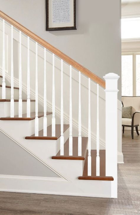 Colonial Banister, Redo Stair Railing, Stair Post Ideas, Stair Banister Makeover, White And Wood Staircase, Colonial Stairs, White Stair Railing, Bannister Ideas Painted, Stair Banister Ideas