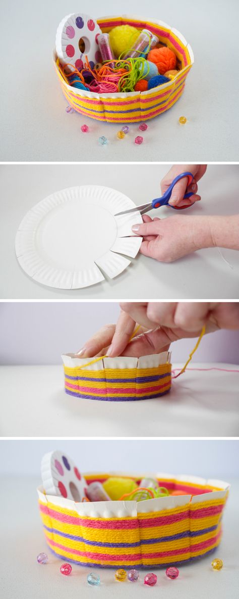 Today, we have a fantastic craft for you! We are going to make this easy woven bowl made out of a paper plate. Plate Weaving, Weaving For Kids, Basket Weaving Diy, Basket Crafts, Paper Plate Crafts, Plate Crafts, Craft Club, Weaving Projects, Camping Crafts