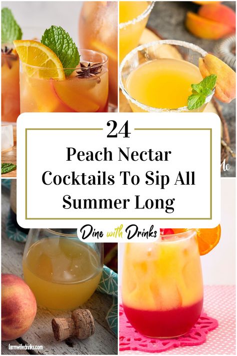 Collage of 4 peach nectar cocktails. Peach Cocktail Recipe Summer Drinks, Peach Nectar Cocktail, Peach Nectar Recipe, Peach Cocktail Recipes, Peach Cocktail Recipe, Ginger Cocktails, Peach Cocktail, Peach Drinks, Peach Nectar